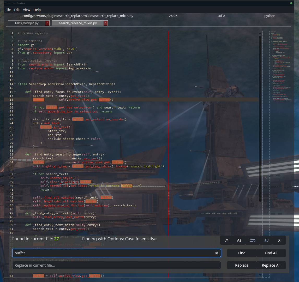 3 Newton search and replace shown.