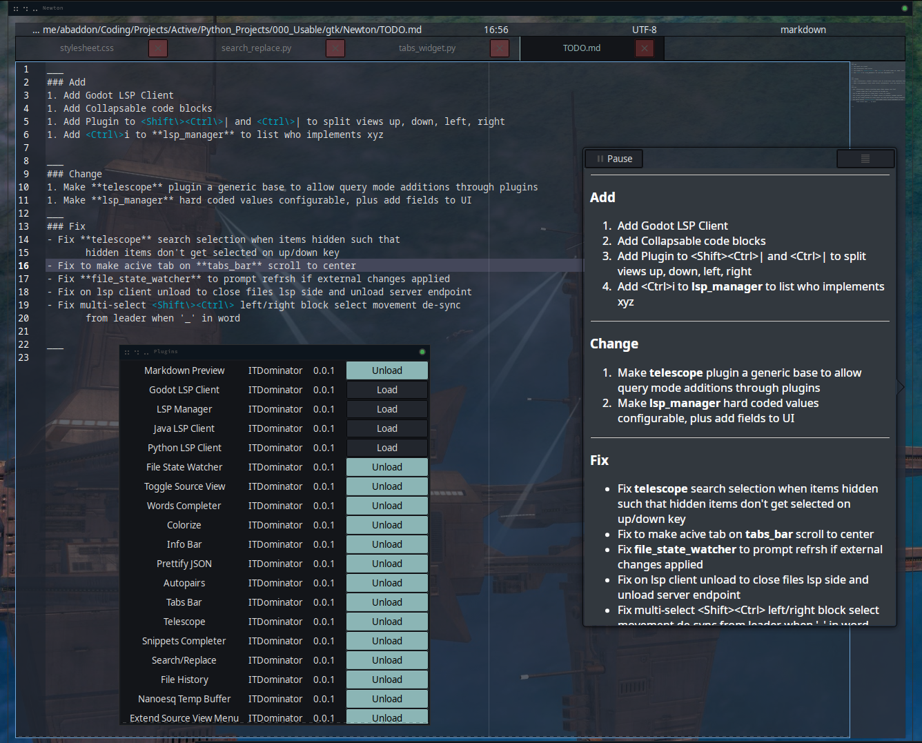 6 Newton with plugins menu show as well as markdown preview shown.