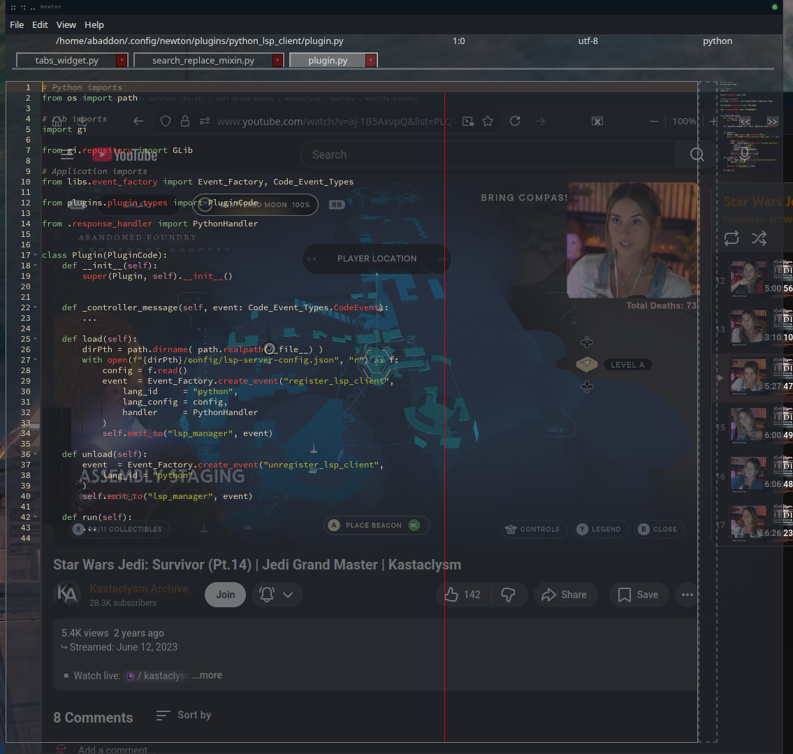 4 Newton as transparent with youtube playing below it.